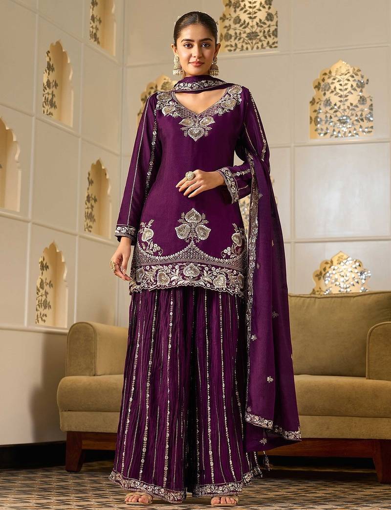 royal purple georgette zari embroidered  embellished  sequined & mirror semi stitched suit