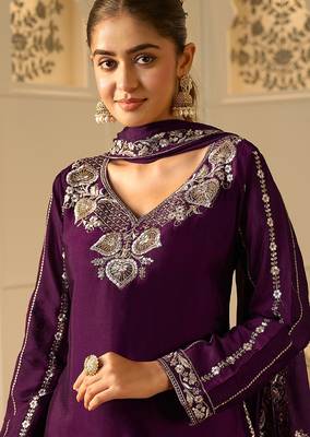 royal purple georgette zari embroidered  embellished  sequined & mirror semi stitched suit 2