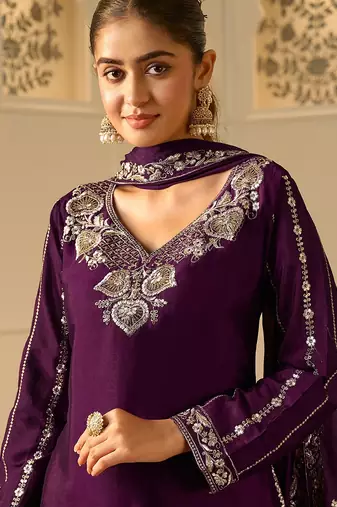 royal purple georgette zari embroidered  embellished  sequined & mirror semi stitched suit