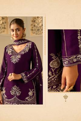 royal purple georgette zari embroidered  embellished  sequined & mirror semi stitched suit 3
