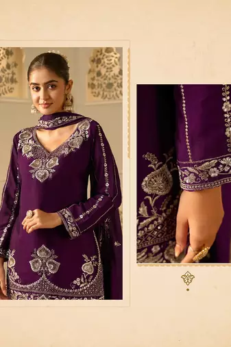 royal purple georgette zari embroidered  embellished  sequined & mirror semi stitched suit