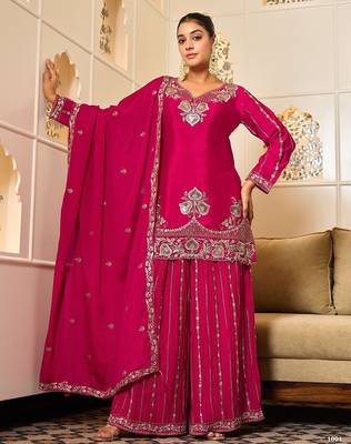 rani pink georgette zari embroidered  embellished  sequined & mirror semi stitched suit 1