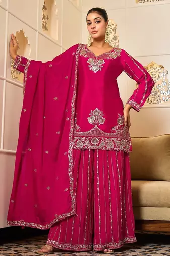 rani pink georgette zari embroidered  embellished  sequined & mirror semi stitched suit