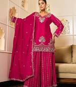 rani pink georgette zari embroidered  embellished  sequined & mirror semi stitched suit