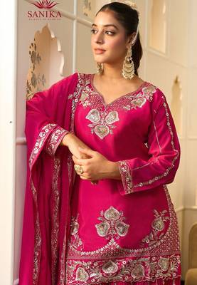 rani pink georgette zari embroidered  embellished  sequined & mirror semi stitched suit 2