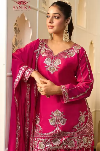 rani pink georgette zari embroidered  embellished  sequined & mirror semi stitched suit