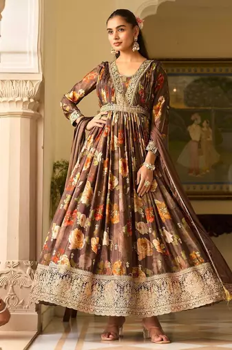 brown georgette zari embroidered  sequined and printed semi stitched suit