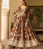 brown georgette zari embroidered  sequined and printed semi stitched suit