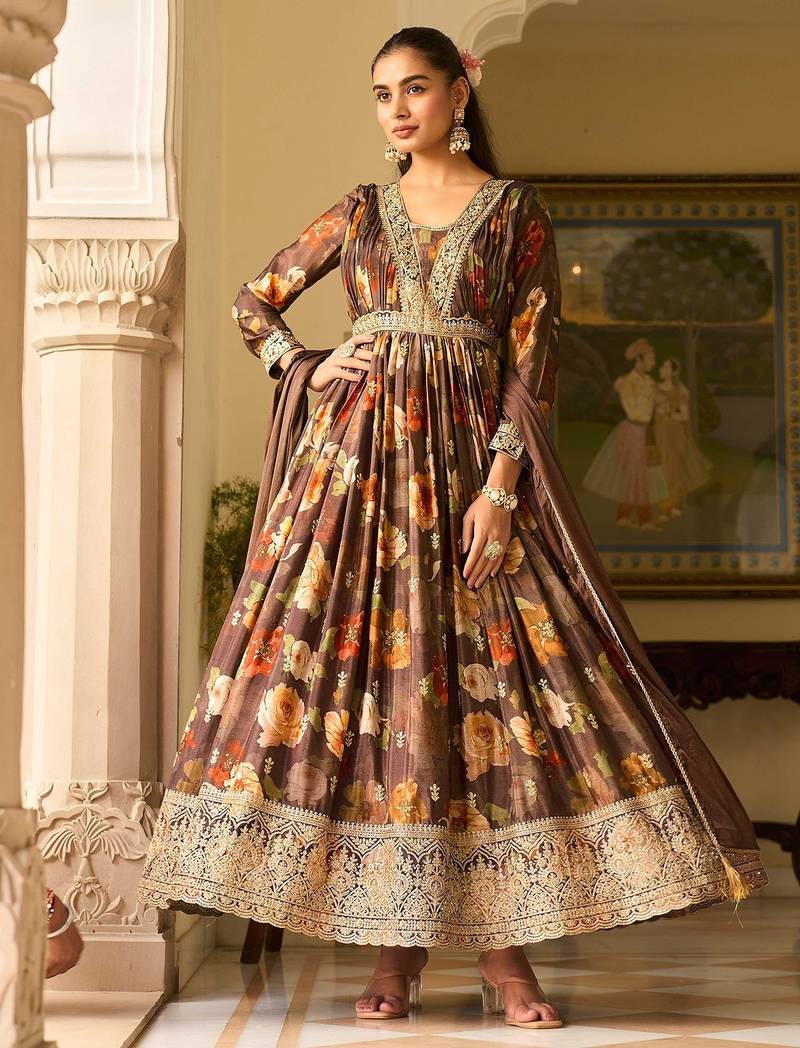 brown georgette zari embroidered  sequined and printed semi stitched suit