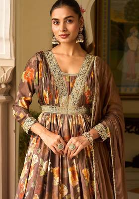 brown georgette zari embroidered  sequined and printed semi stitched suit 2