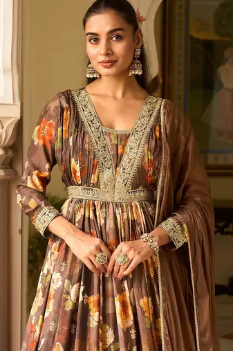 brown georgette zari embroidered  sequined and printed semi stitched suit