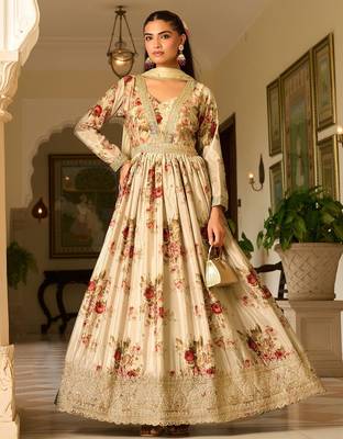 cream georgette zari embroidered  sequined and printed semi stitched suit 1