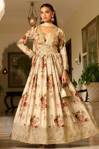 cream georgette zari embroidered  sequined and printed semi stitched suit