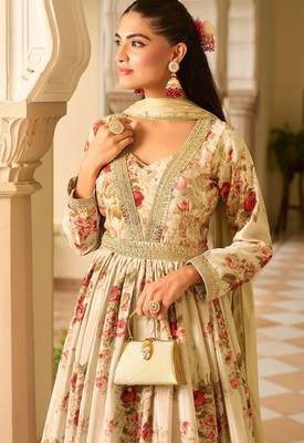 cream georgette zari embroidered  sequined and printed semi stitched suit 2
