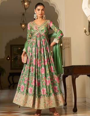 green georgette zari embroidered  sequined and printed semi stitched suit 1