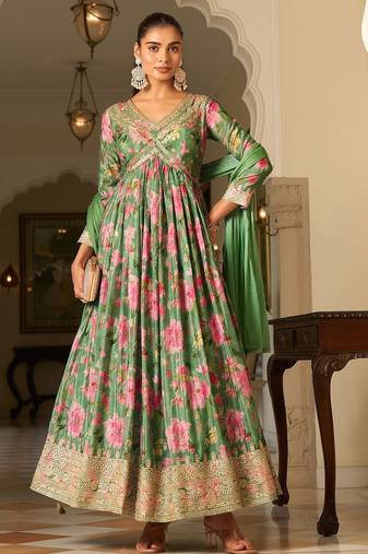 green georgette zari embroidered  sequined and printed semi stitched suit