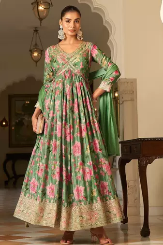 green georgette zari embroidered  sequined and printed semi stitched suit