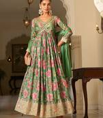 green georgette zari embroidered  sequined and printed semi stitched suit