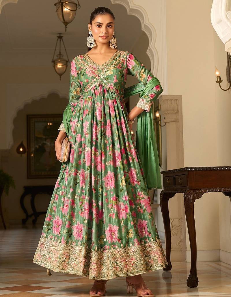 green georgette zari embroidered  sequined and printed semi stitched suit