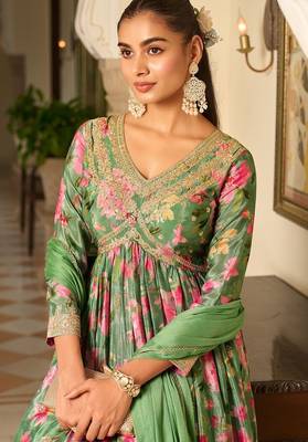 green georgette zari embroidered  sequined and printed semi stitched suit 2