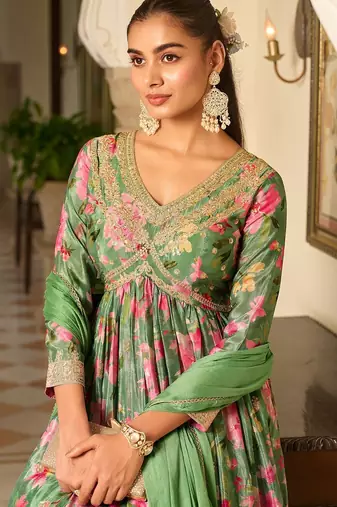 green georgette zari embroidered  sequined and printed semi stitched suit
