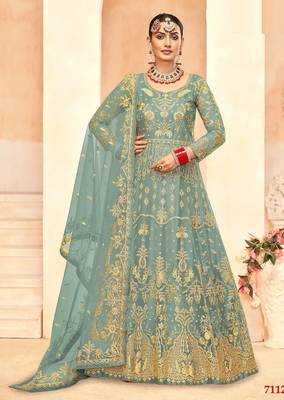 teal net embroidery work  sequined cording & stone work. semi stitched suit 1