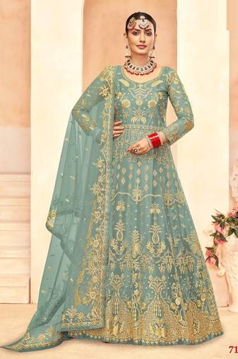 teal net embroidery work  sequined cording & stone work. semi stitched suit