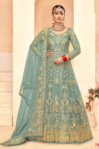 teal net embroidery work  sequined cording & stone work. semi stitched suit