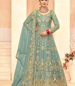 teal net embroidery work  sequined cording & stone work. semi stitched suit