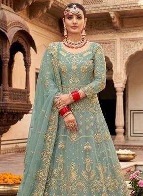 teal net embroidery work  sequined cording & stone work. semi stitched suit 2