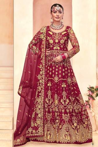red net embroidery work  sequined cording & stone work. semi stitched suit