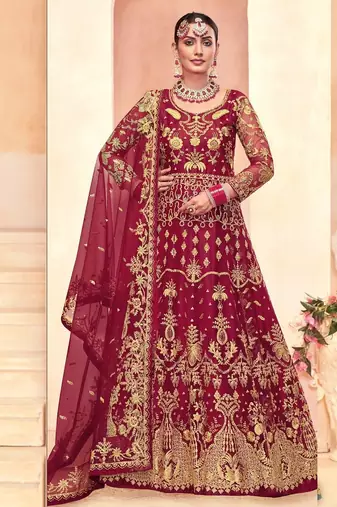 red net embroidery work  sequined cording & stone work. semi stitched suit