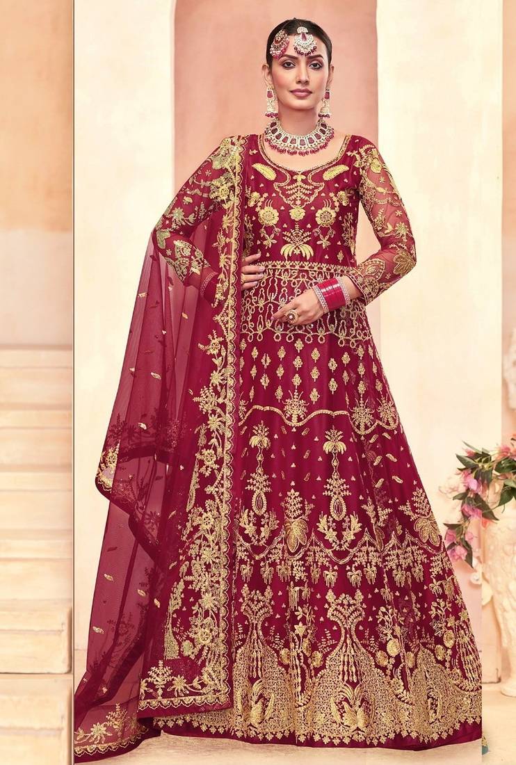 red net embroidery work  sequined cording & stone work. semi stitched suit