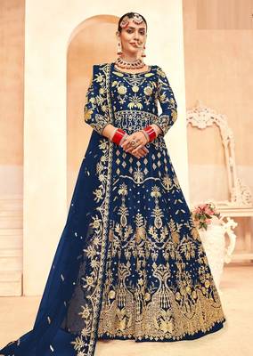 sapphire blue net embroidery work  sequined cording & stone work. semi stitched suit 1