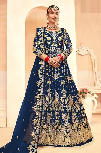 sapphire blue net embroidery work  sequined cording & stone work. semi stitched suit