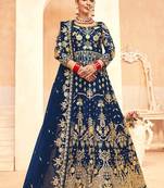 sapphire blue net embroidery work  sequined cording & stone work. semi stitched suit
