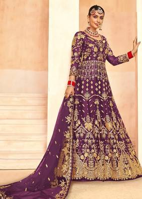 royal purple net embroidery work  sequined cording & stone work. semi stitched suit 1