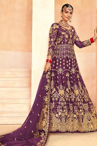 royal purple net embroidery work  sequined cording & stone work. semi stitched suit
