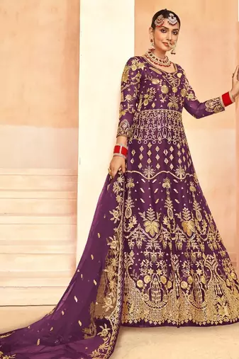 royal purple net embroidery work  sequined cording & stone work. semi stitched suit