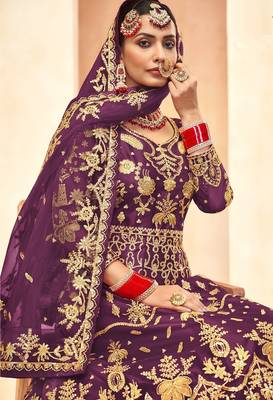 royal purple net embroidery work  sequined cording & stone work. semi stitched suit 2