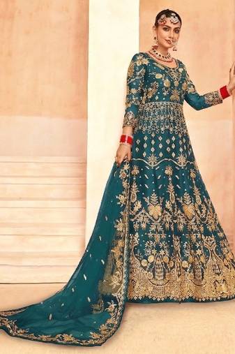emerald green net embroidery work  sequined cording & stone work. semi stitched suit