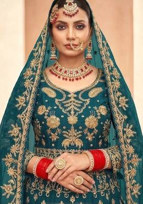 emerald green net embroidery work  sequined cording & stone work. semi stitched suit 2
