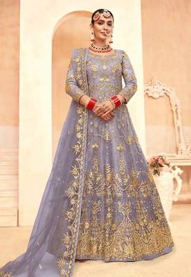 soft lavender net embroidery work  sequined cording & stone work. semi stitched suit 1