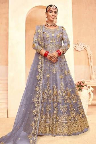 soft lavender net embroidery work  sequined cording & stone work. semi stitched suit