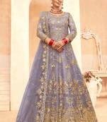 soft lavender net embroidery work  sequined cording & stone work. semi stitched suit