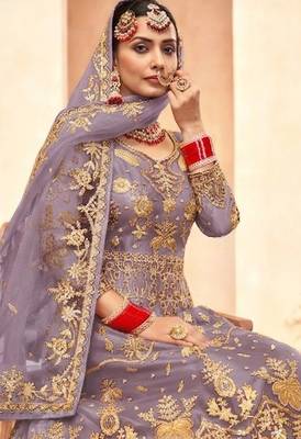 soft lavender net embroidery work  sequined cording & stone work. semi stitched suit 2