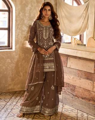 brown viscose embroidery & sequins semi stitched suit 1