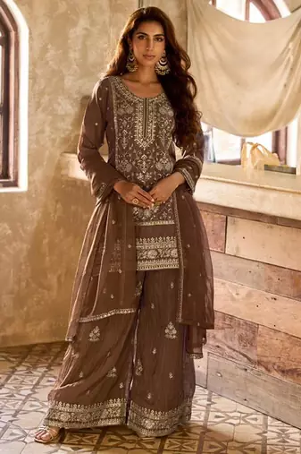 brown viscose embroidery & sequins semi stitched suit