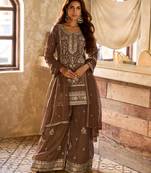 brown viscose embroidery & sequins semi stitched suit