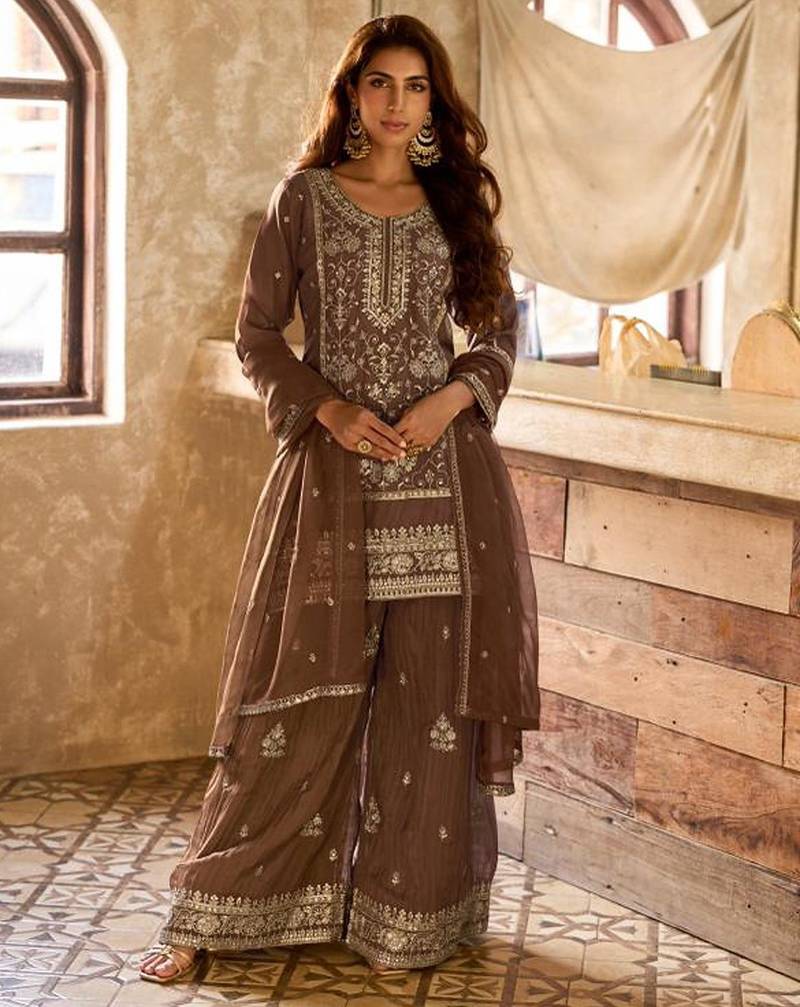 brown viscose embroidery & sequins semi stitched suit